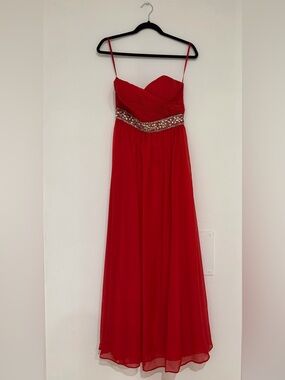Red Beaded Waist Strapless Prom Dress